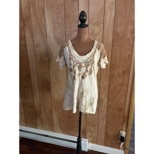 Sinful by Affliction Womens V-Neck Graphic T-Shirt Wings Embroidered Cream M